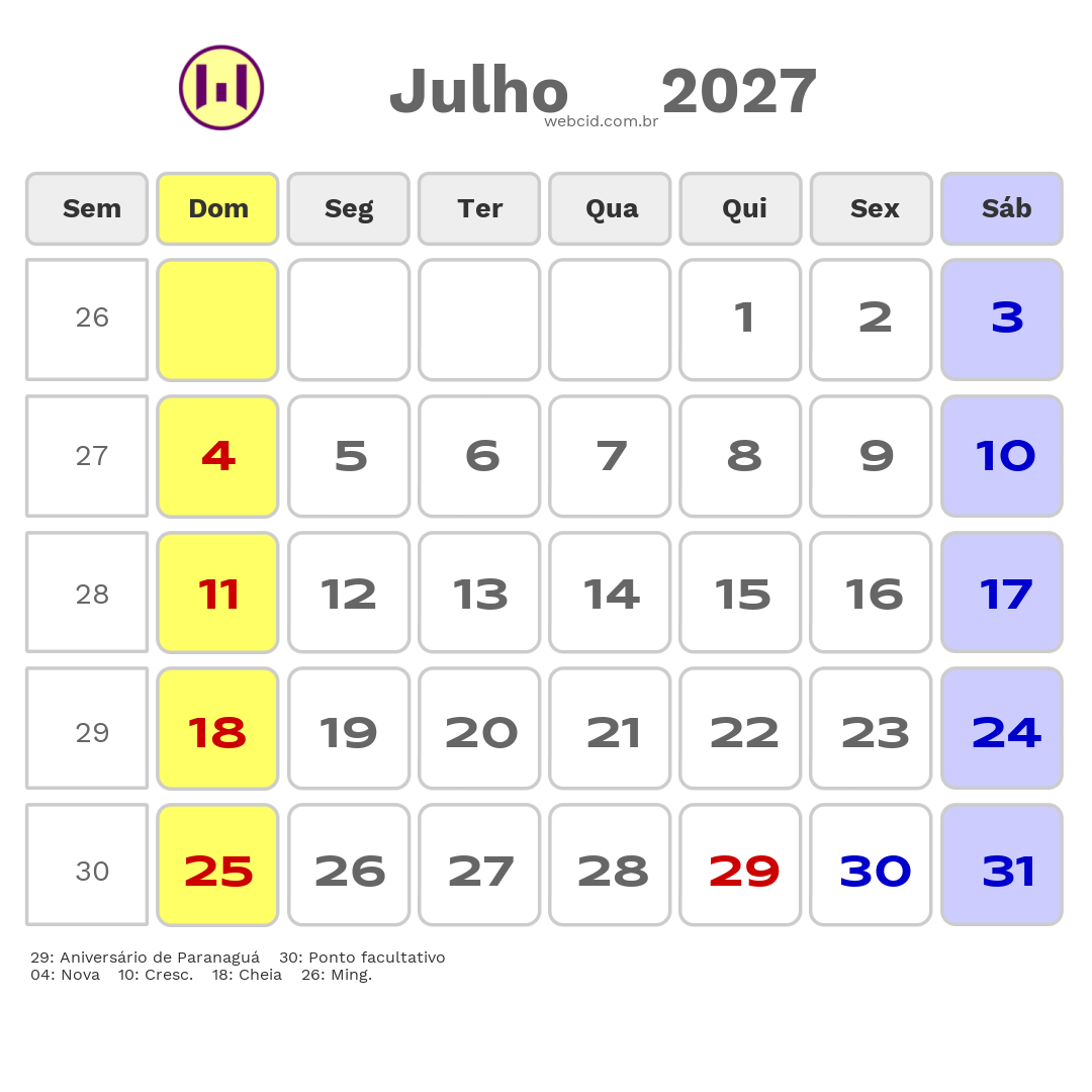 Calendário 2027 - Julho - Paranaguá-PR com feriados e fases da lua