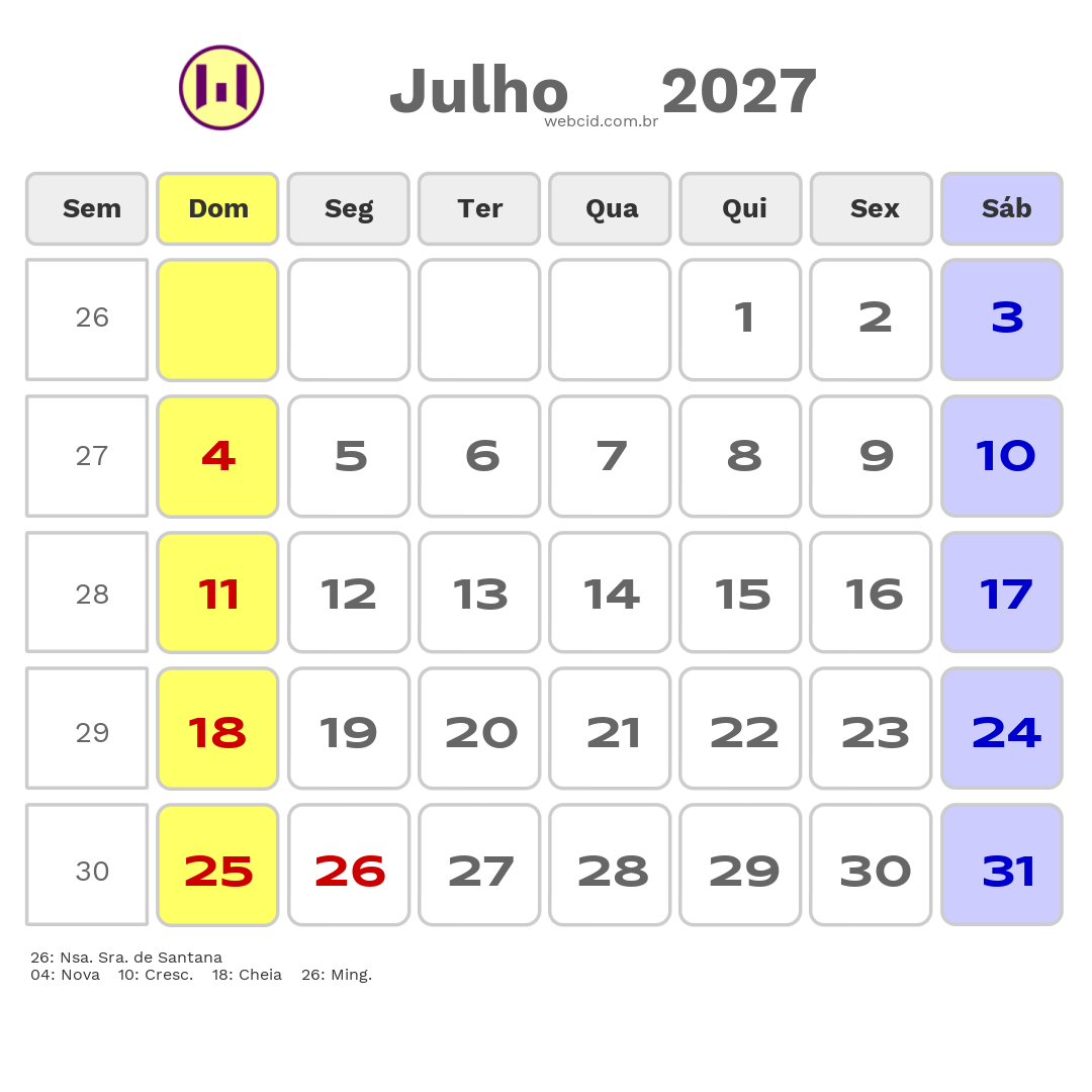 Calendário 2027 - Julho - Ponta Grossa-PR com feriados e fases da lua