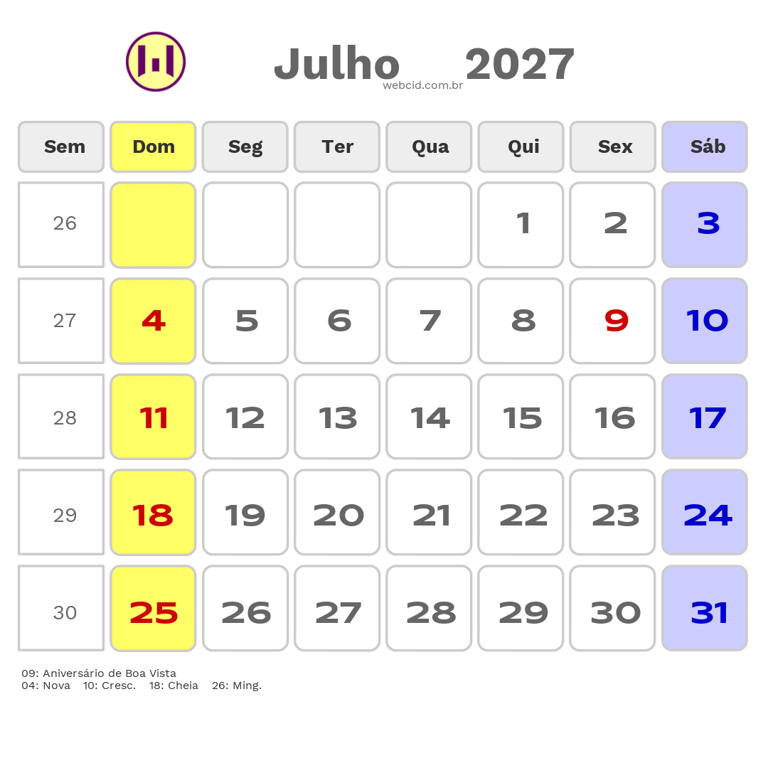 Calendário 2027 - Julho - Boa Vista-RR com feriados e fases da lua