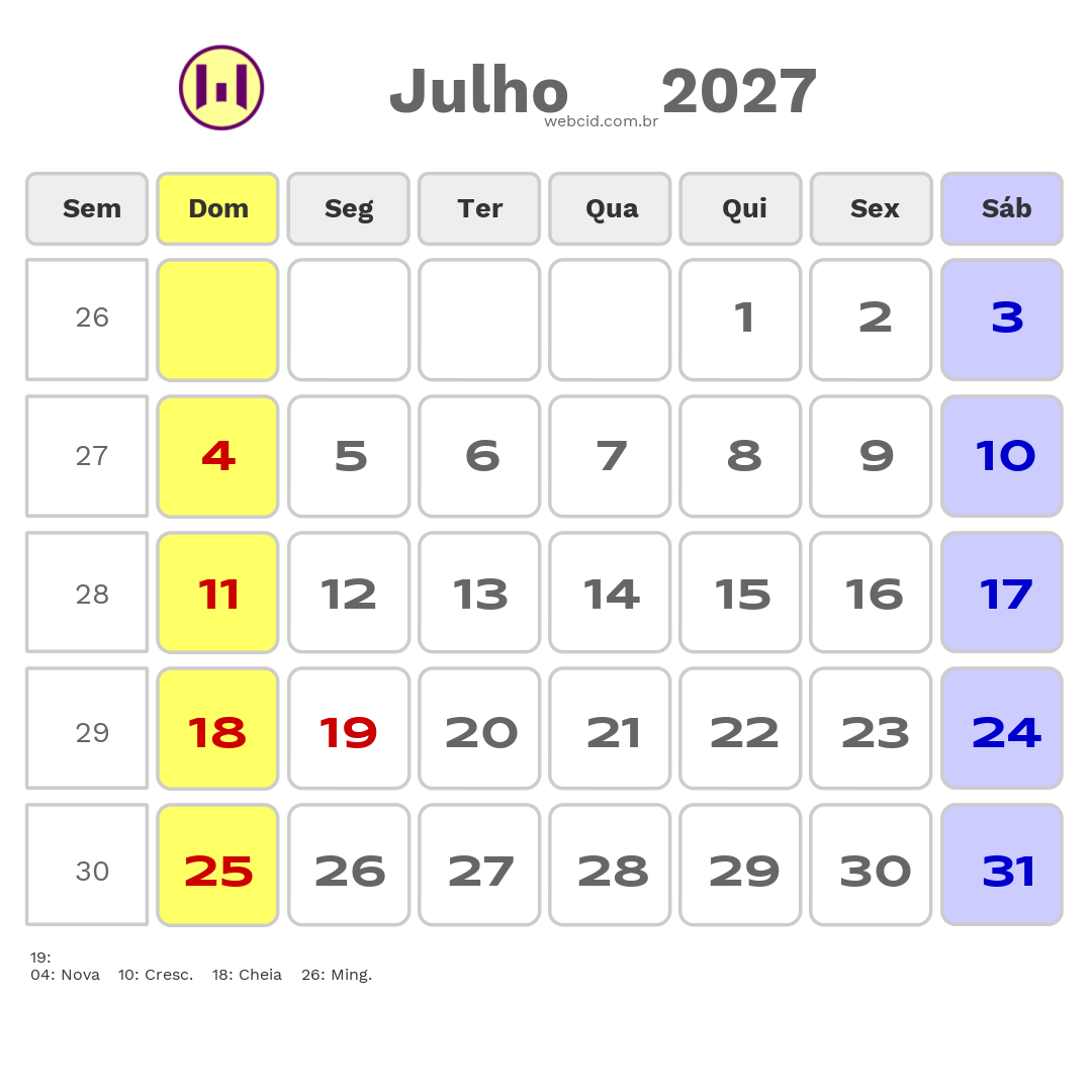 Calendário 2027 - Julho - Praia Grande-SC com feriados e fases da lua