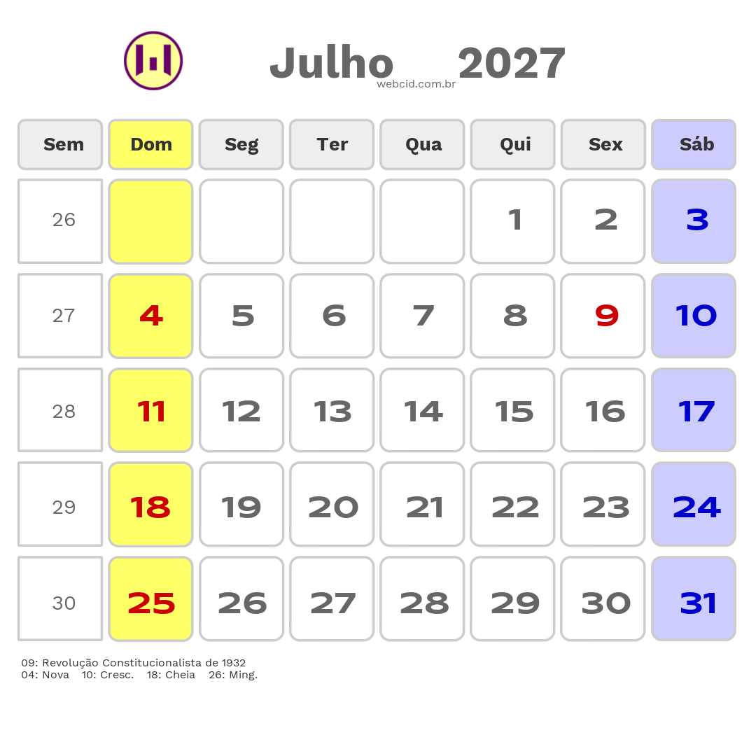 Calendário 2027 - Julho - Guarujá-SP com feriados e fases da lua