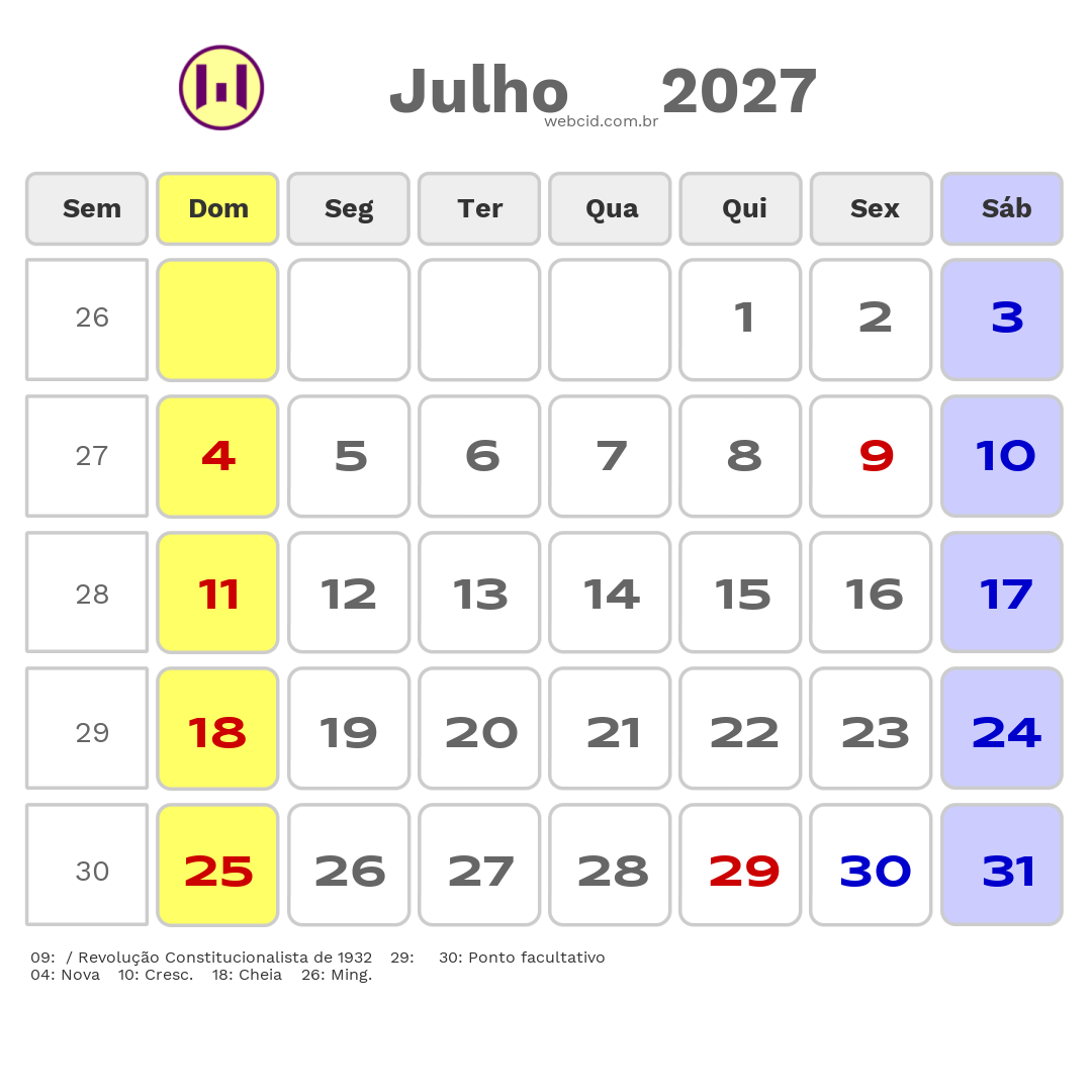 Calendário 2027 - Julho - Porto Ferreira-SP com feriados e fases da lua