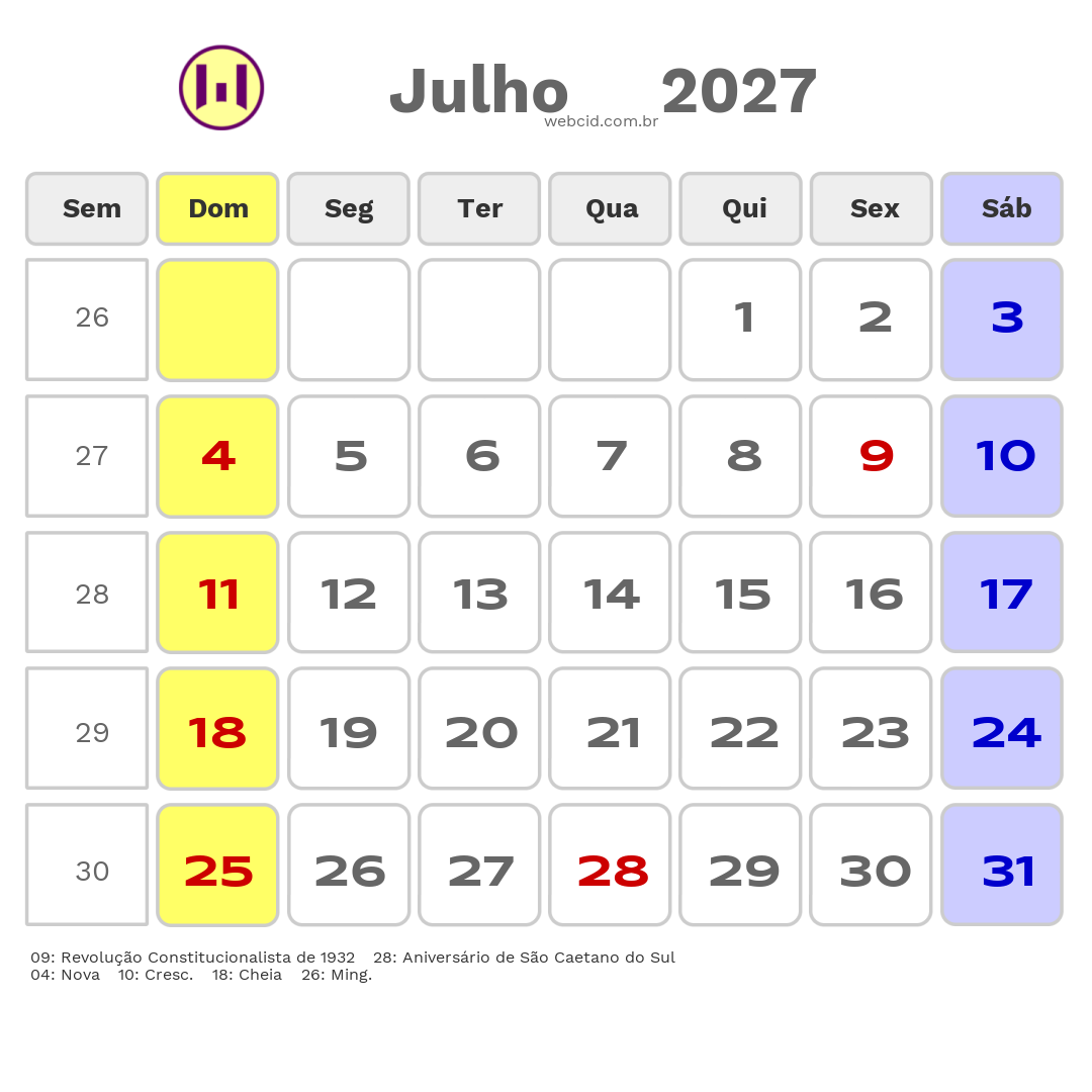 Calendário 2027 - Julho - São Caetano do Sul-SP com feriados e fases da lua