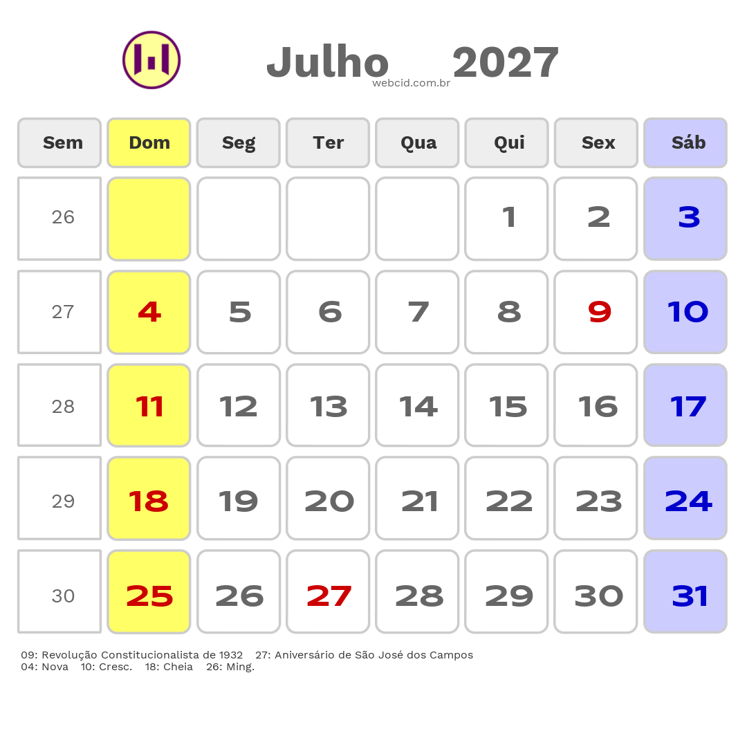 Calendário 2027 - Julho - São José dos Campos-SP com feriados e fases da lua