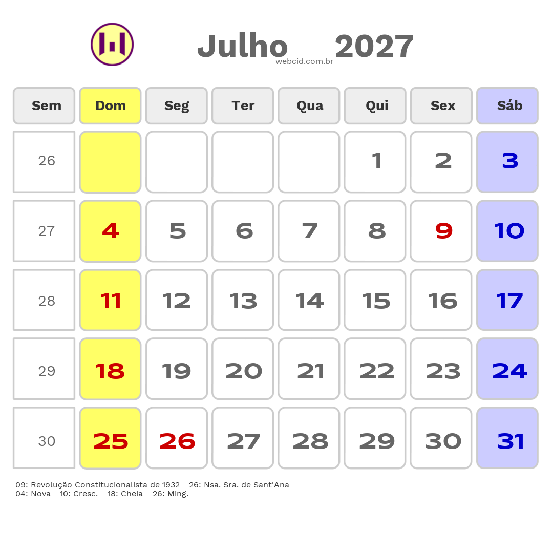 Calendário 2027 - Julho - Vinhedo-SP com feriados e fases da lua