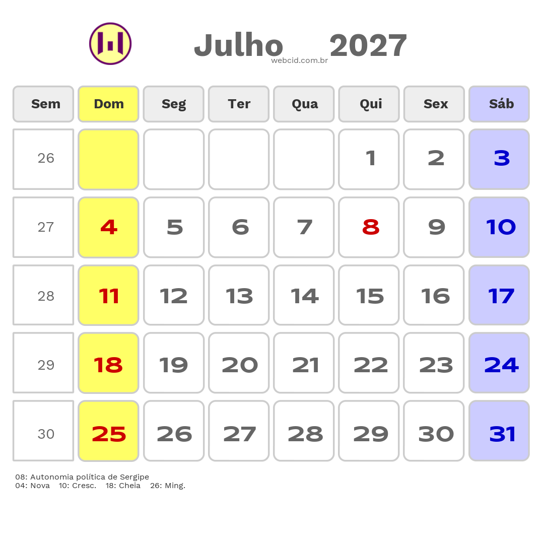 Calendário 2027 - Julho - Itabaiana-SE com feriados e fases da lua