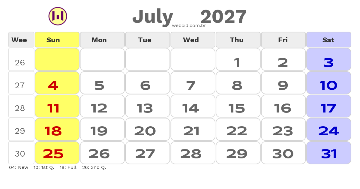 Calendar 2027 - July - Austrália com feriados e fases da lua