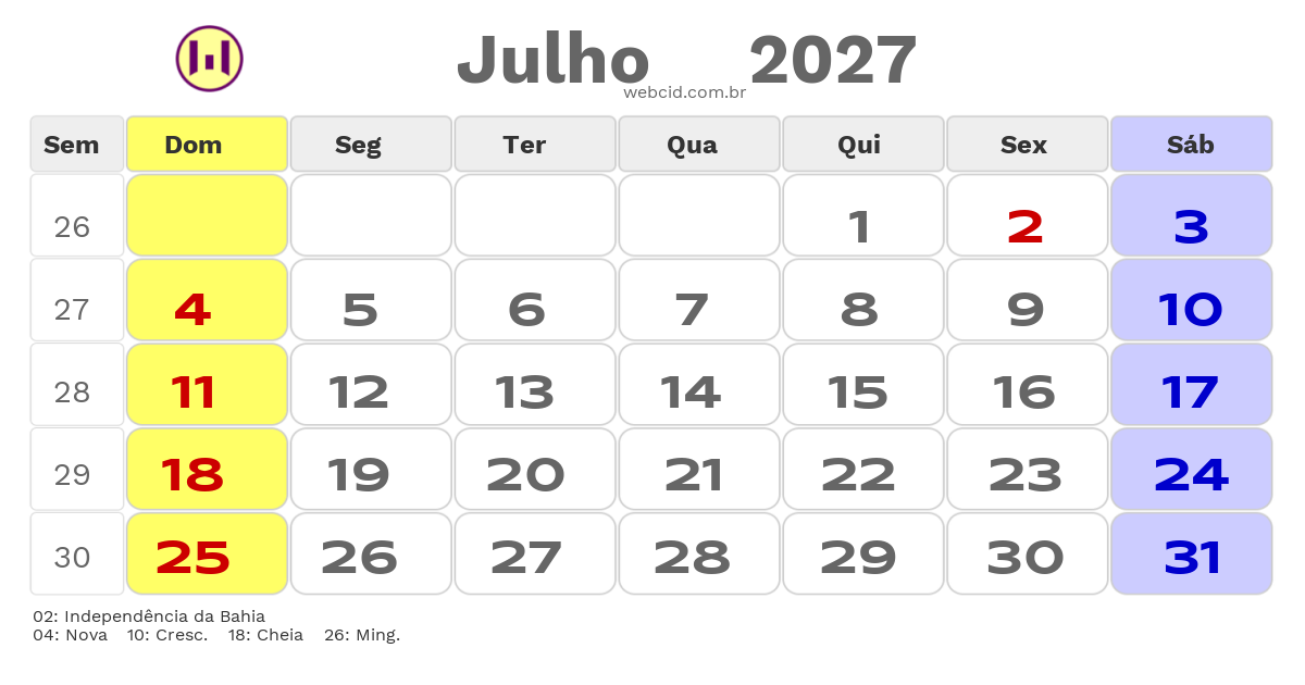 Calendário 2027 - Julho - Eunápolis-BA com feriados e fases da lua