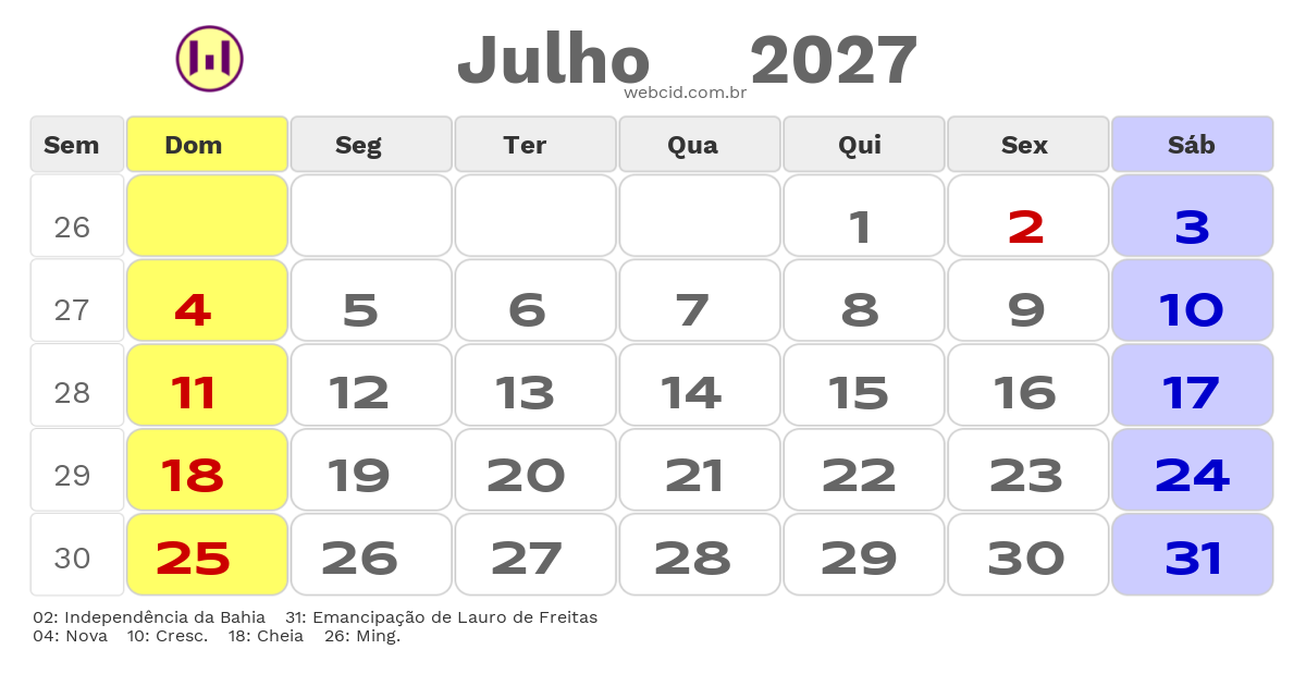 Calendário 2027 - Julho - Lauro de Freitas-BA com feriados e fases da lua