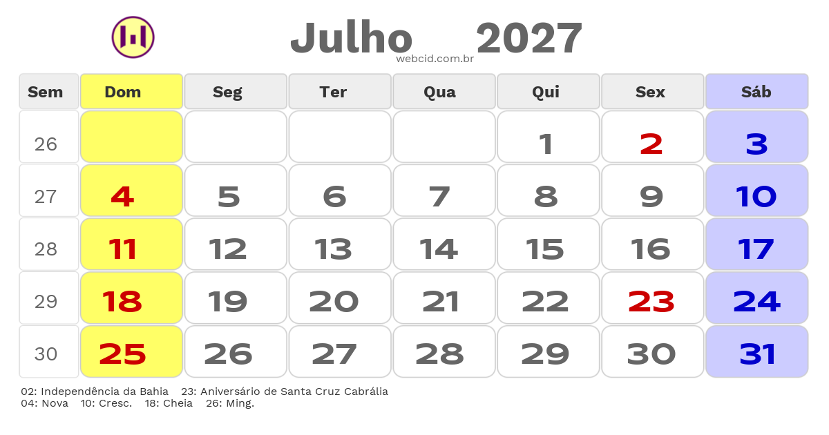 Calendário 2027 - Julho - Santa Cruz Cabrália-BA com feriados e fases da lua