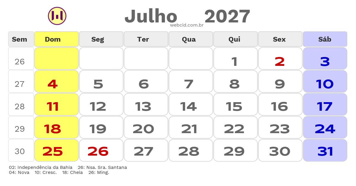 Calendário 2027 - Julho - Serrinha-BA com feriados e fases da lua