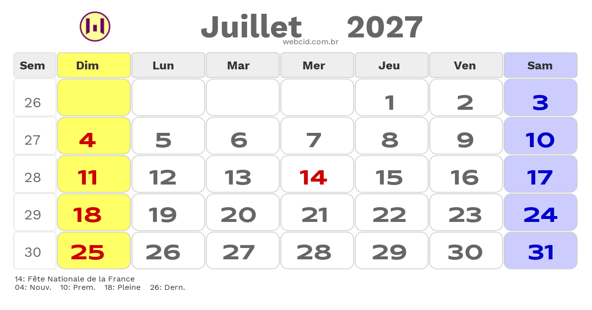 Calendrier 2027 - Juillet - La France com feriados e fases da lua