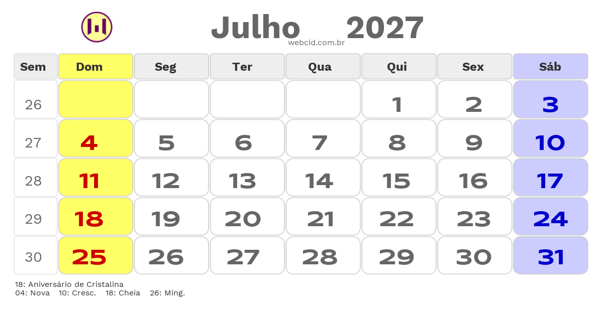 Calendário 2027 - Julho - Cristalina-GO com feriados e fases da lua