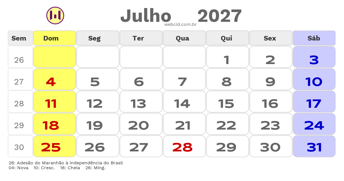 Calendário 2027 - Julho - Ze Doca-MA com feriados e fases da lua