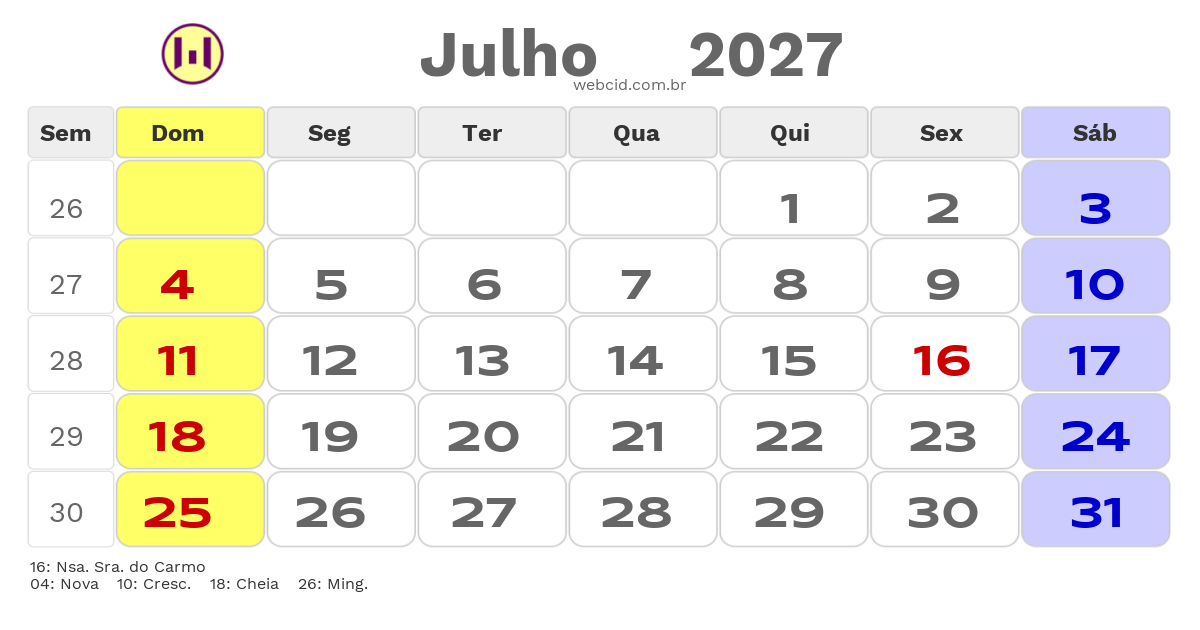 Calendário 2027 - Julho - Betim-MG com feriados e fases da lua