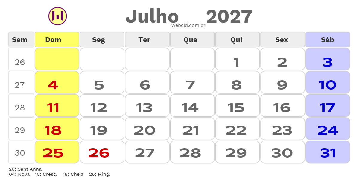 Calendário 2027 - Julho - Lavras-MG com feriados e fases da lua