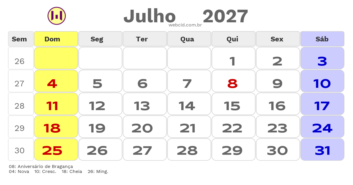 Calendário 2027 - Julho - Bragança-PA com feriados e fases da lua