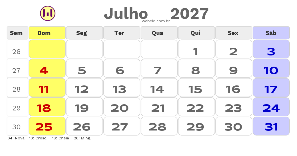 Calendário 2027 - Julho - Jacarau-PB com feriados e fases da lua