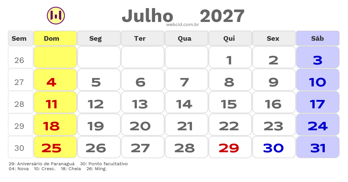 Calendário 2027 - Julho - Paranaguá-PR com feriados e fases da lua