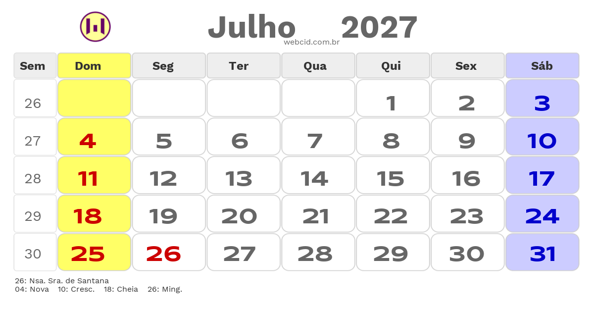 Calendário 2027 - Julho - Ponta Grossa-PR com feriados e fases da lua