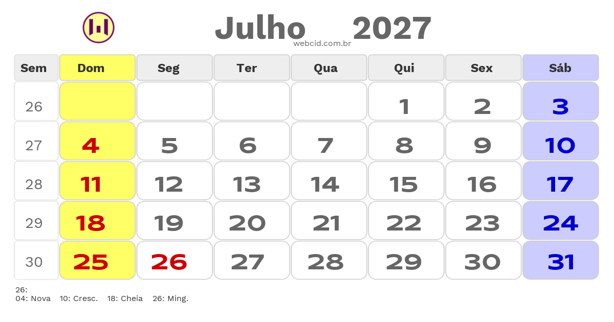 Calendário 2027 - Julho - Armacao dos Buzios-RJ com feriados e fases da lua