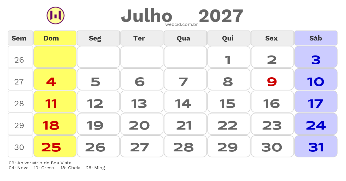 Calendário 2027 - Julho - Boa Vista-RR com feriados e fases da lua
