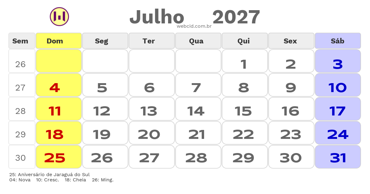 Calendário 2027 - Julho - Jaraguá do Sul-SC com feriados e fases da lua
