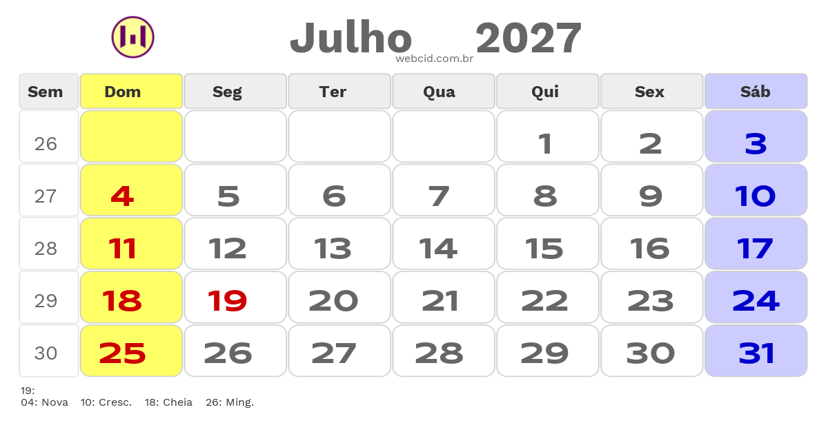 Calendário 2027 - Julho - Praia Grande-SC com feriados e fases da lua