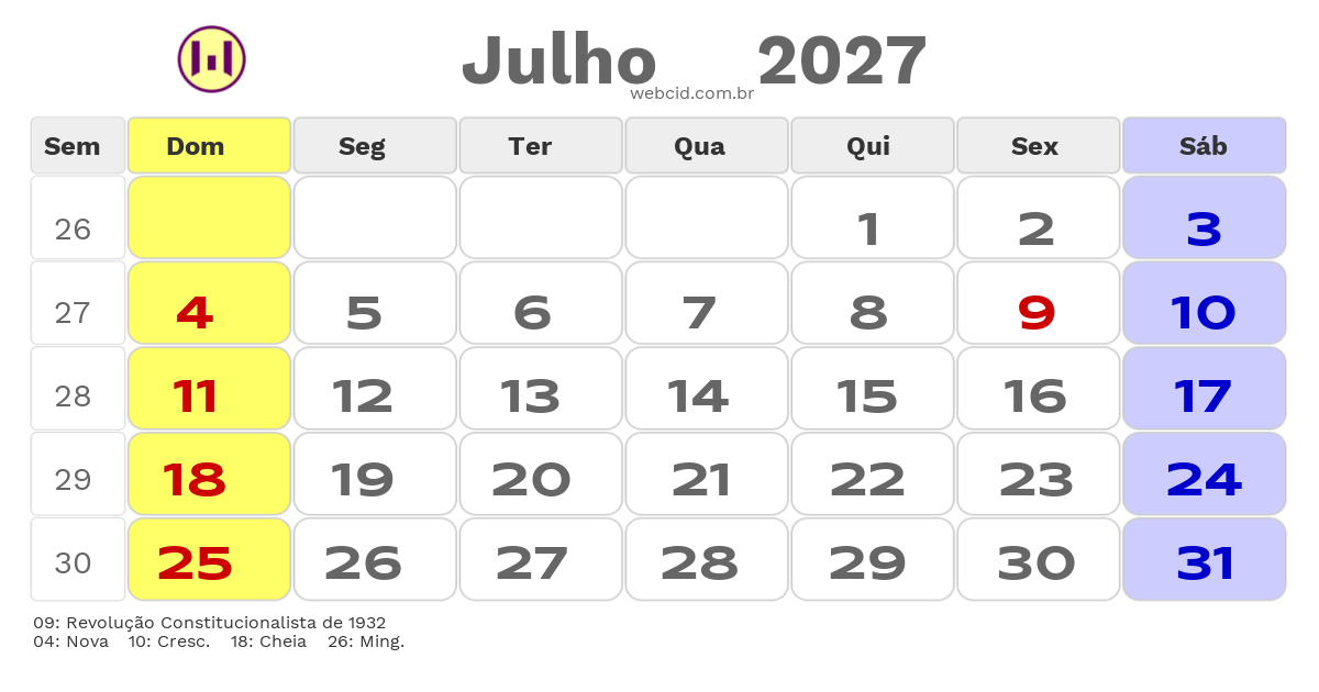 Calendário 2027 - Julho - Araraquara-SP com feriados e fases da lua