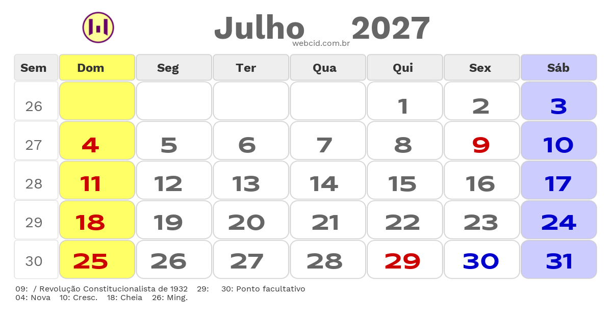 Calendário 2027 - Julho - Porto Ferreira-SP com feriados e fases da lua