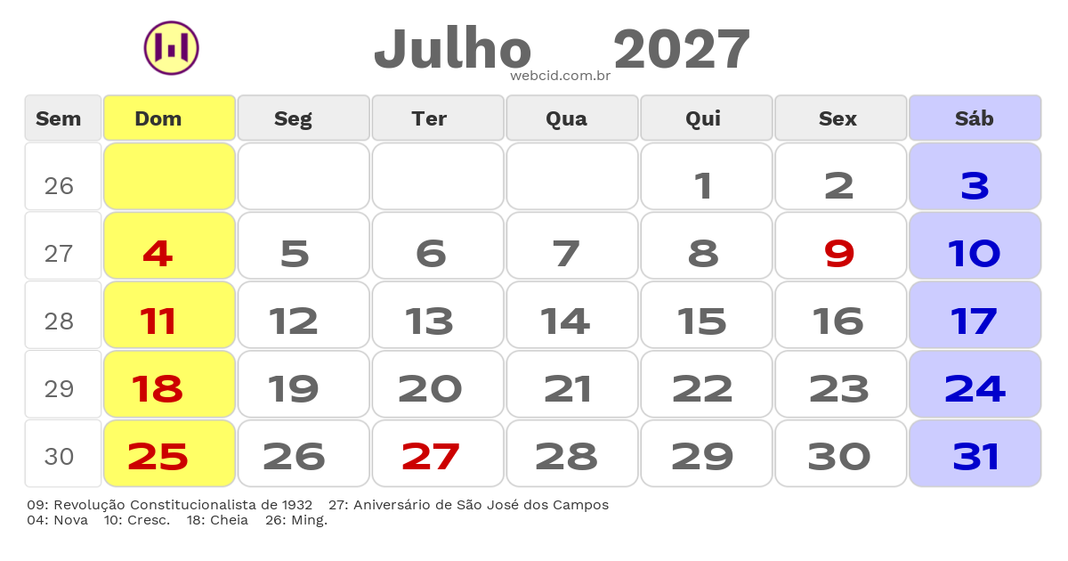 Calendário 2027 - Julho - São José dos Campos-SP com feriados e fases da lua