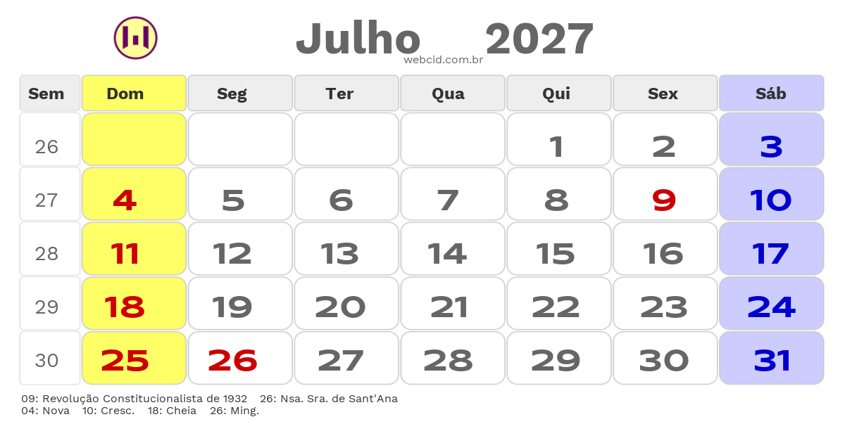 Calendário 2027 - Julho - Vinhedo-SP com feriados e fases da lua
