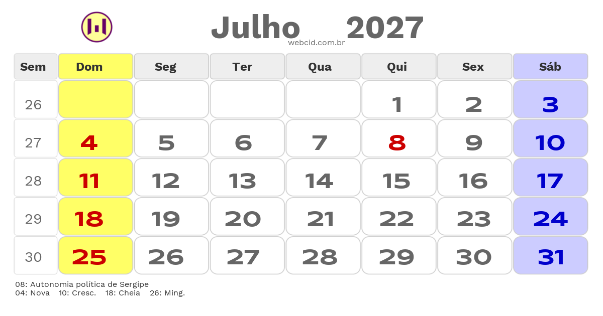 Calendário 2027 - Julho - Itabaiana-SE com feriados e fases da lua