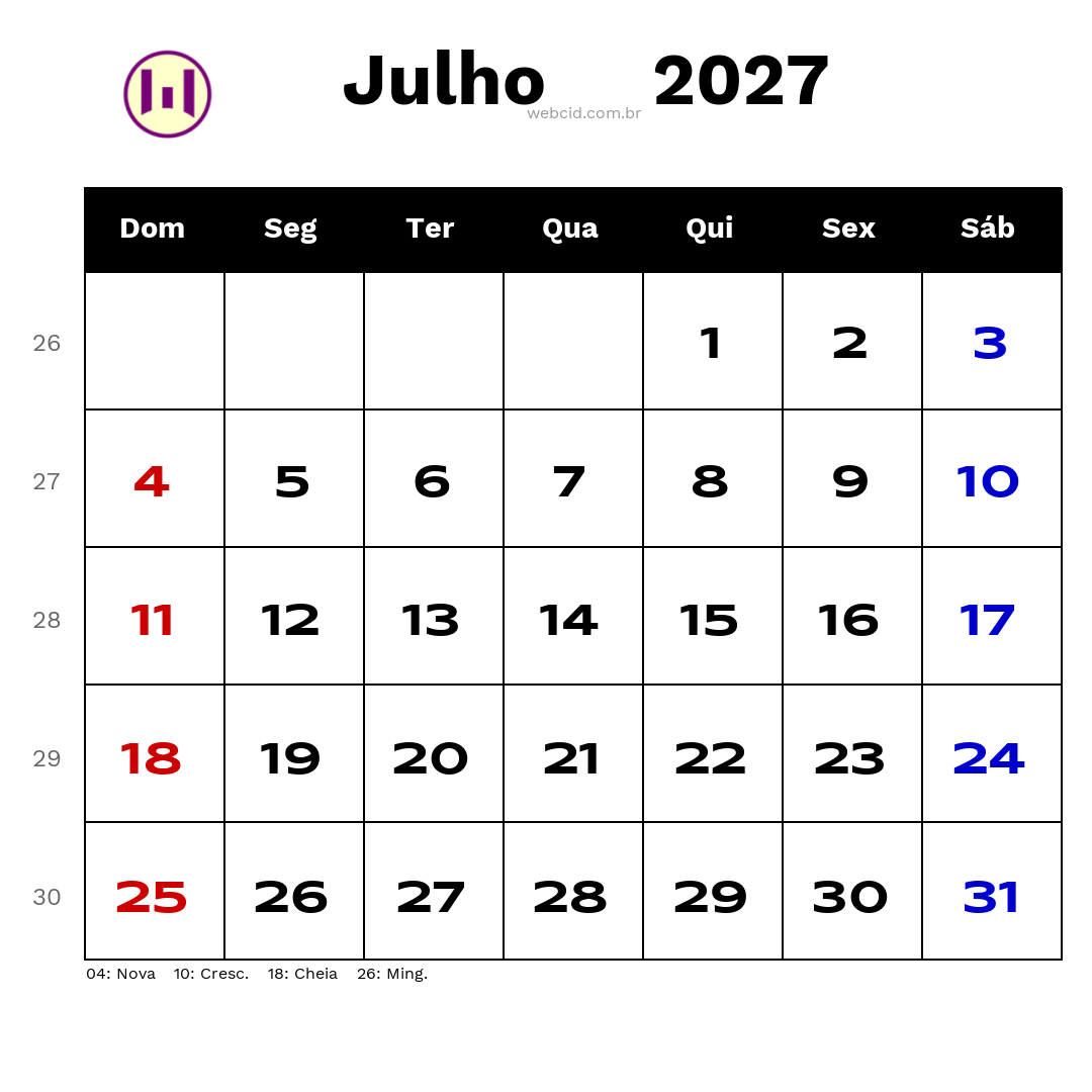 Calendário 2027 - Julho - Brasil com feriados e fases da lua