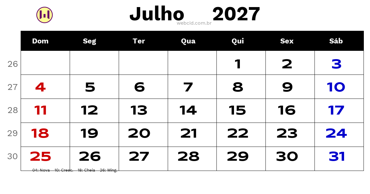 Calendário 2027 - Julho - Brasil com feriados e fases da lua