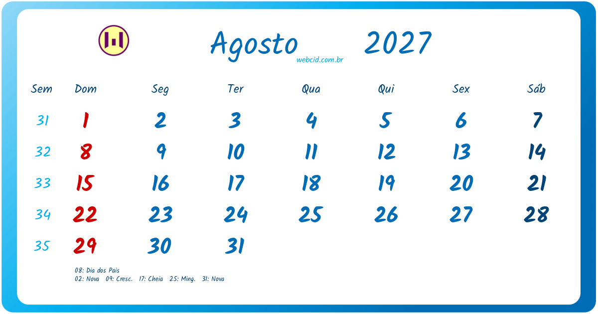 Calendário 2027 - Agosto - Brasil com feriados e fases da lua