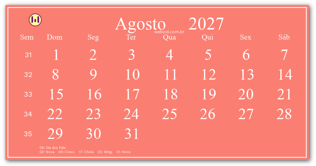 Calendário 2027 - Agosto - Brasil com feriados e fases da lua