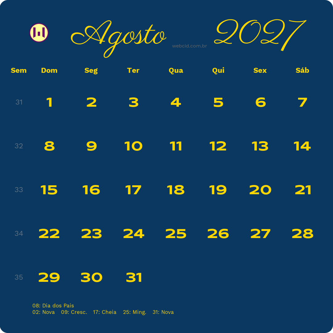 Calendário 2027 - Agosto - Brasil com feriados e fases da lua