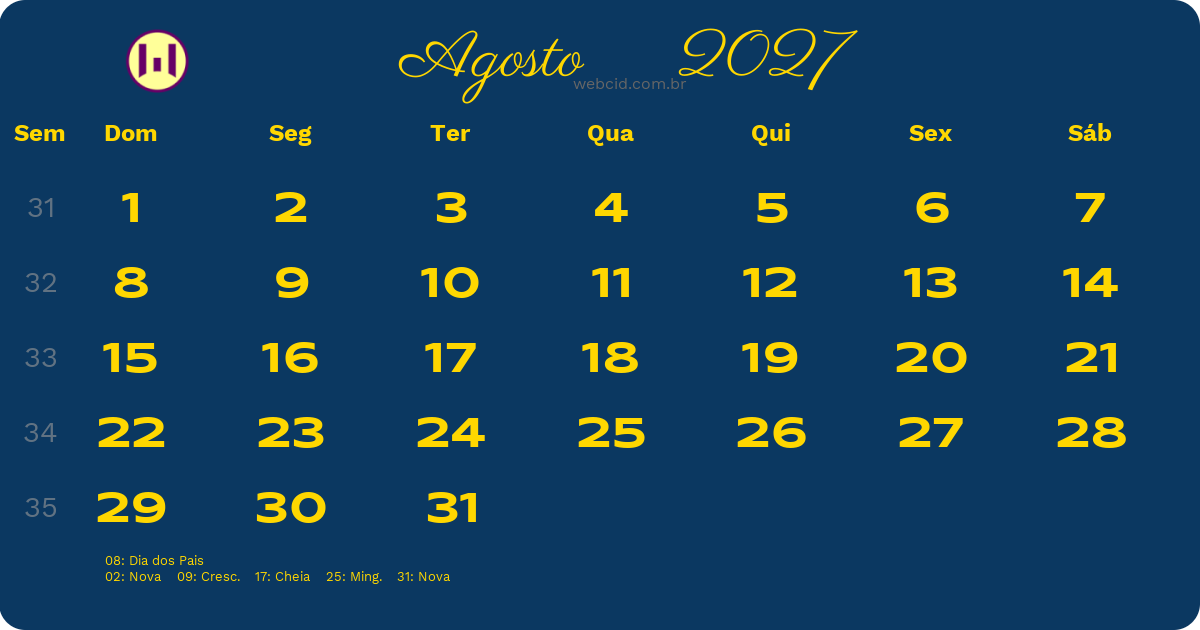 Calendário 2027 - Agosto - Brasil com feriados e fases da lua