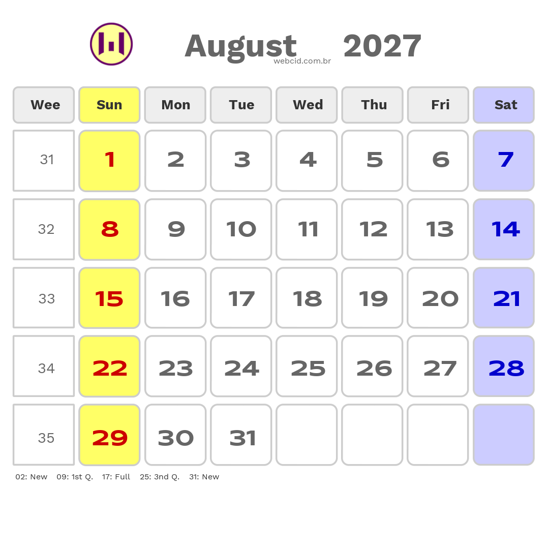Calendar 2027 - August - Austrália com feriados e fases da lua