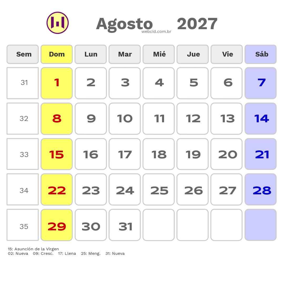 Calendario 2027 - Agosto - Chile com feriados e fases da lua