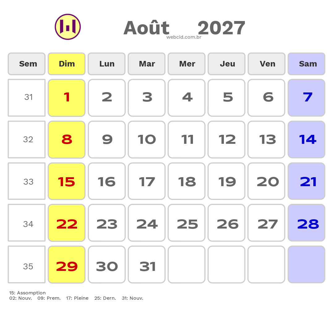 Calendrier 2027 - Août - La France com feriados e fases da lua