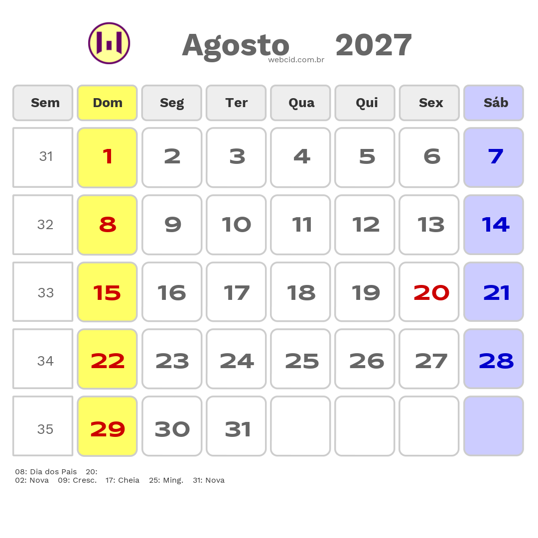 Calendário 2027 - Agosto - Catalao-GO com feriados e fases da lua