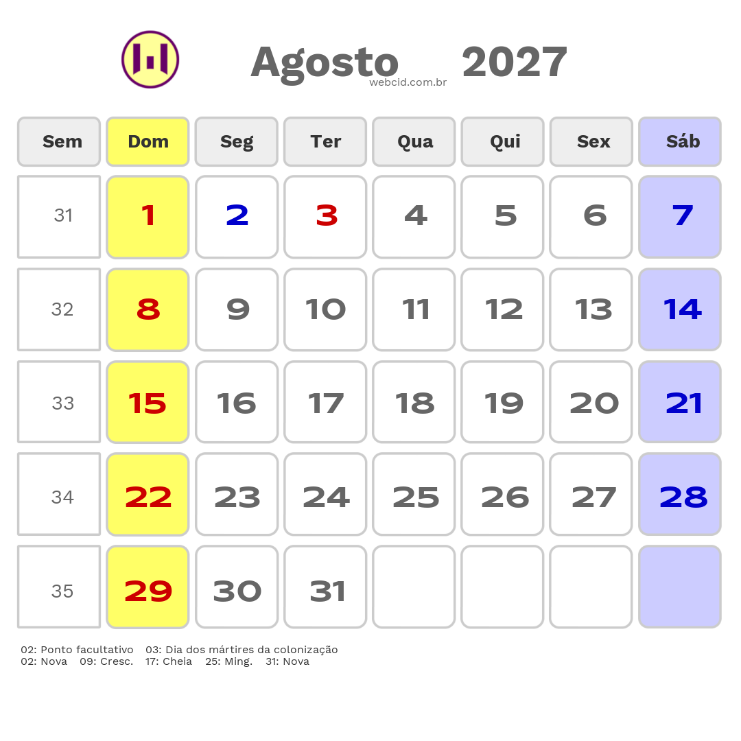 Calendário 2027 - Agosto - Guiné-Bissau com feriados e fases da lua