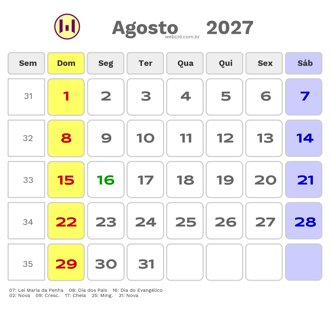 Calendário 2027 - Agosto - Timon-MA com feriados e fases da lua