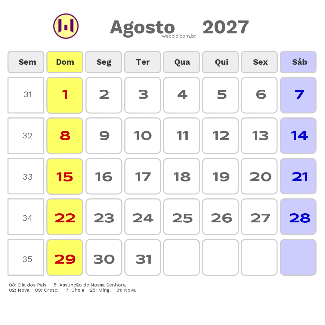 Calendário 2027 - Agosto - Nova Lima-MG com feriados e fases da lua