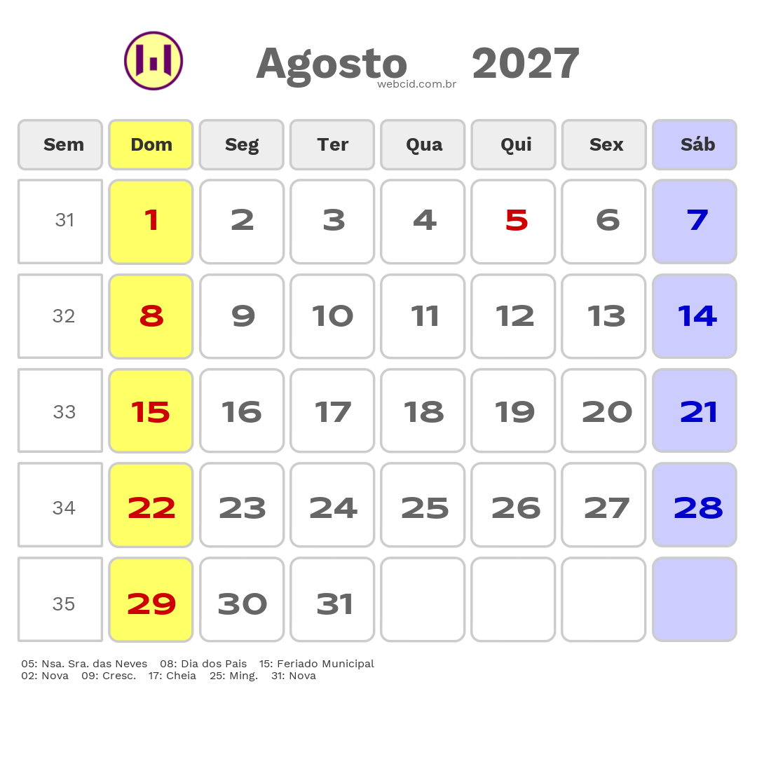 Calendário 2027 - Agosto - Ribeirão das Neves-MG com feriados e fases da lua