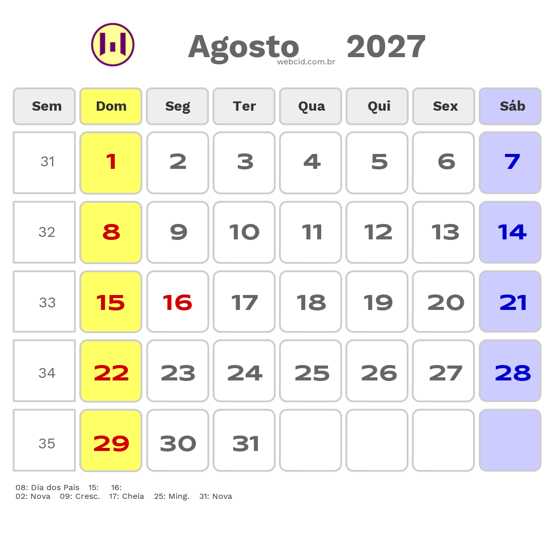Calendário 2027 - Agosto - Sao Roque de Minas-MG com feriados e fases da lua