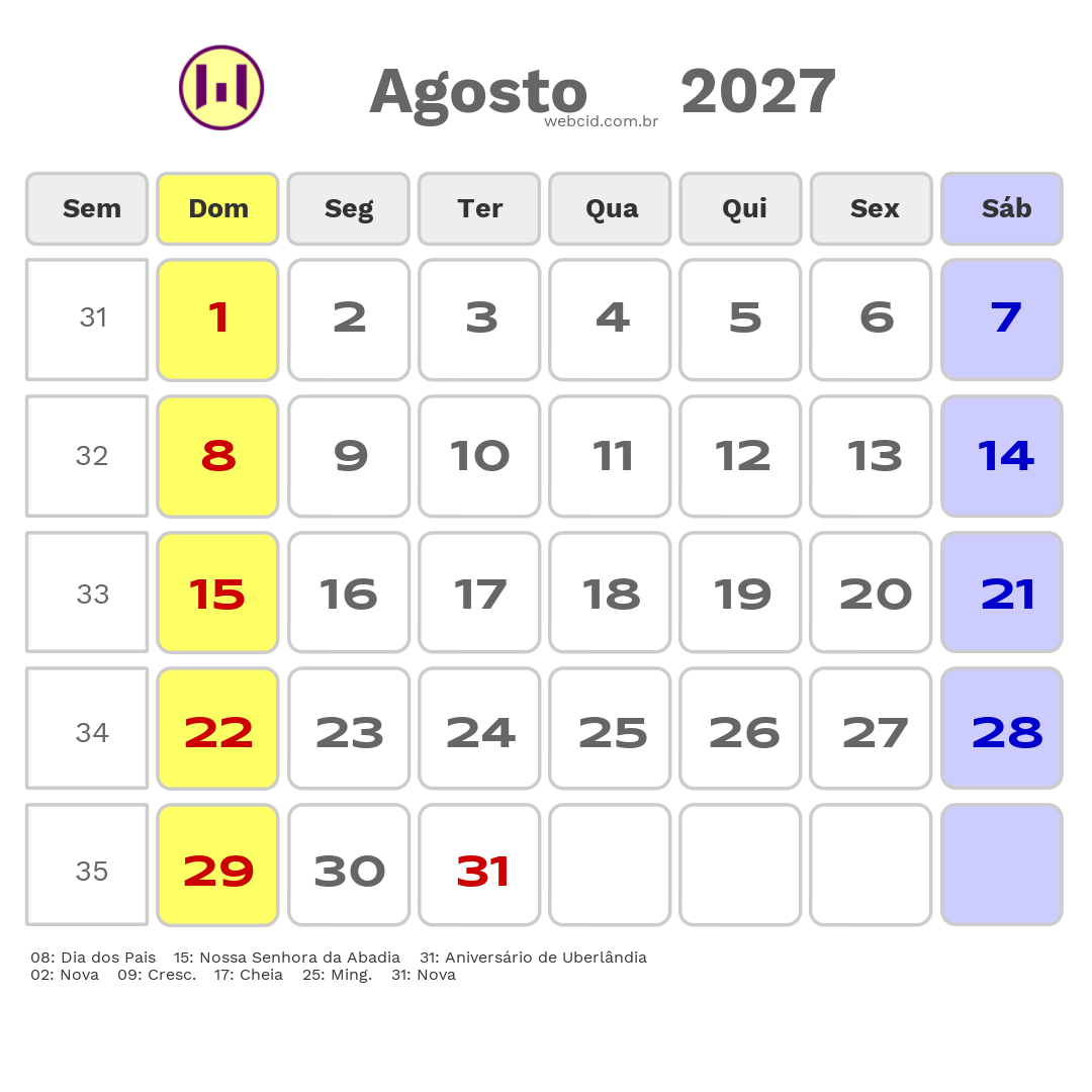 Calendário 2027 - Agosto - Uberlândia-MG com feriados e fases da lua