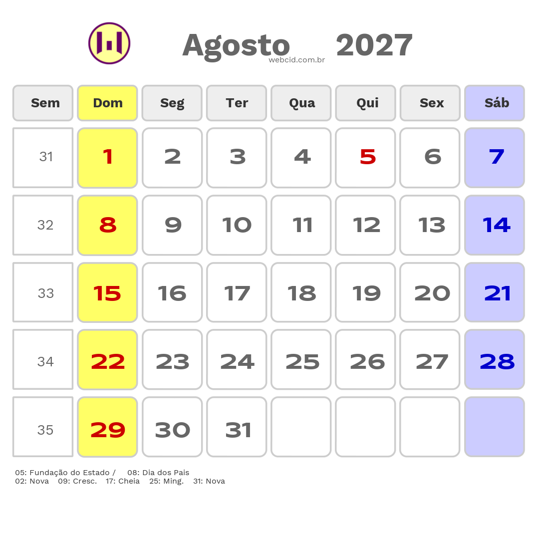 Calendário 2027 - Agosto - Jacarau-PB com feriados e fases da lua